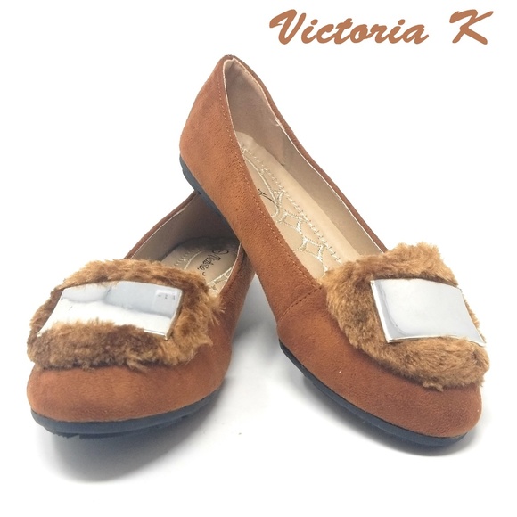 Victoria K Shoes Womens Flats Faux Fur Embellished Buckle Bf2636